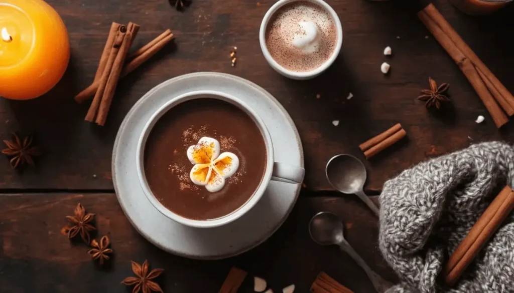 A cozy cup of hot chocolate garnished with marshmallows and sprinkled with cinnamon, surrounded by a rustic wooden setting with cinnamon sticks, star anise, a gray knit blanket, and a glowing candle.