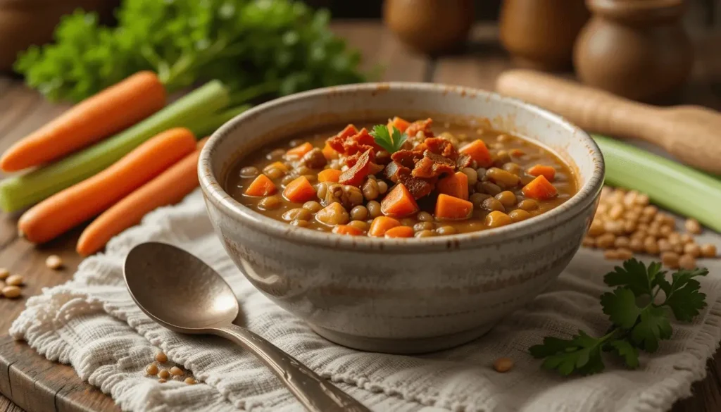 A hearty bowl of lentil soup garnished with fresh parsley, surrounded by fresh carrots and celery on a rustic table.