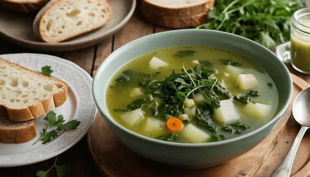 A bowl of clear vegetable soup with diced potatoes, fresh herbs, and a slice of bread on the side.