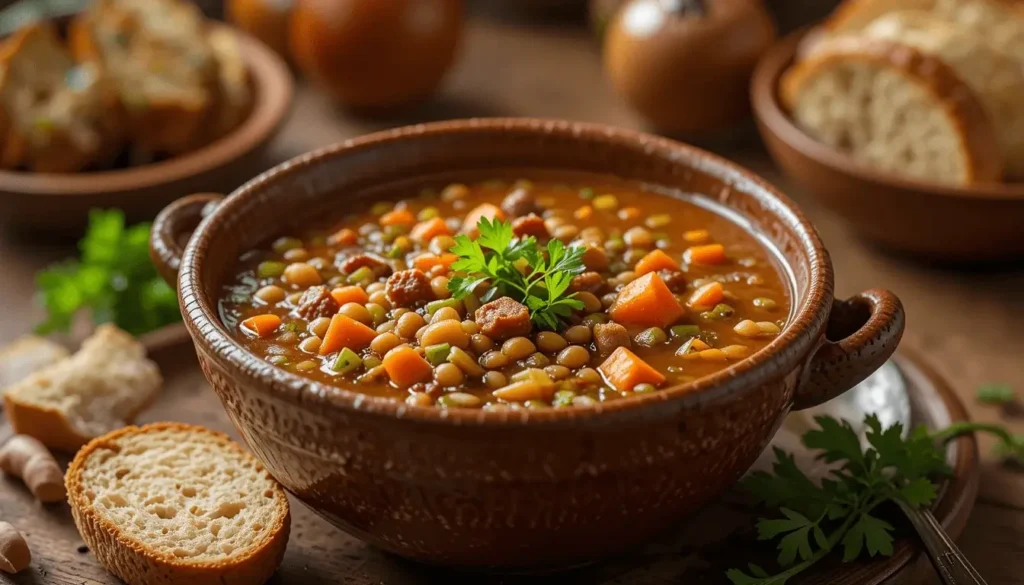 A hearty bowl of soup featuring lentils, diced carrots, and fresh parsley, served in a rustic brown ceramic bowl with sliced bread on the side.