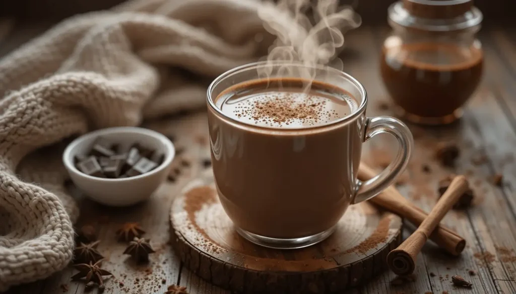 A steaming cup of hot chocolate dusted with cocoa powder, placed on a wooden coaster, surrounded by cinnamon sticks, star anise, a bowl of chocolate pieces, and a cozy beige knit blanket.